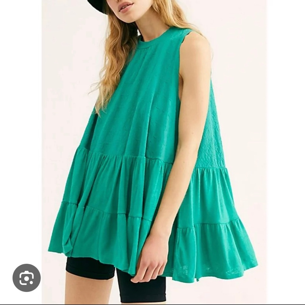 Free People Right On Time Tiered Tunic Top Green Cotton Size Small Oversized